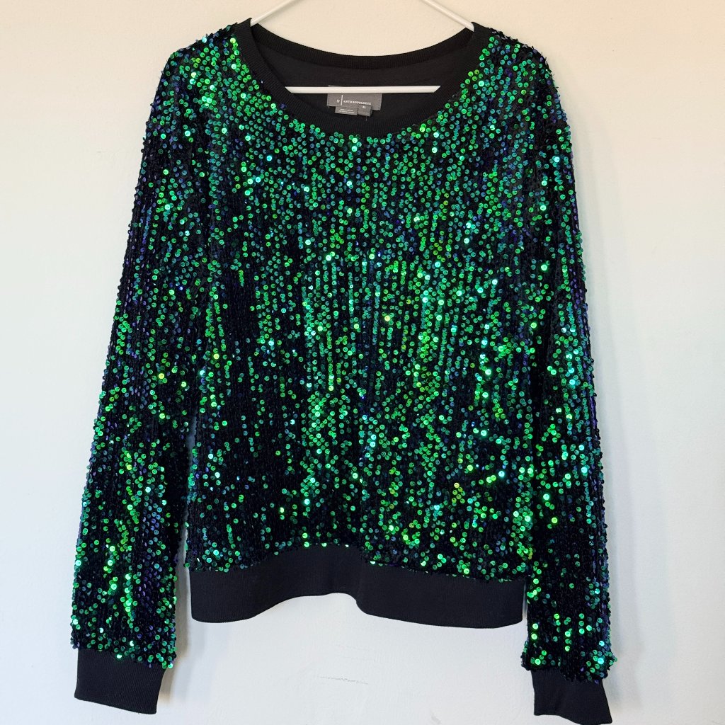 Anthropologie Sequin Velvet Sweatshirt - Green/Blue / Size Xl